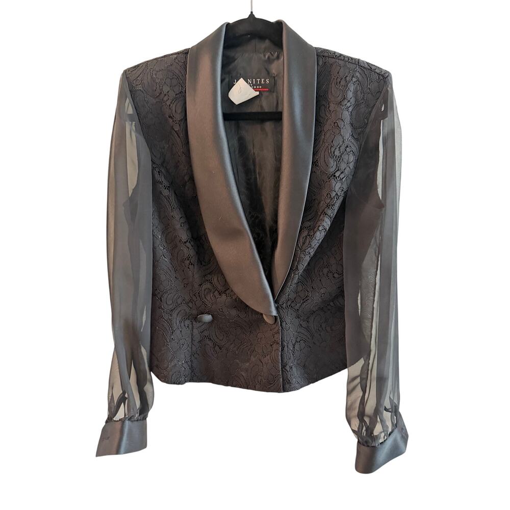 J.R. Nites by Caliendo Vintage Lace Tuxedo Jacket with Sheer Sleeves